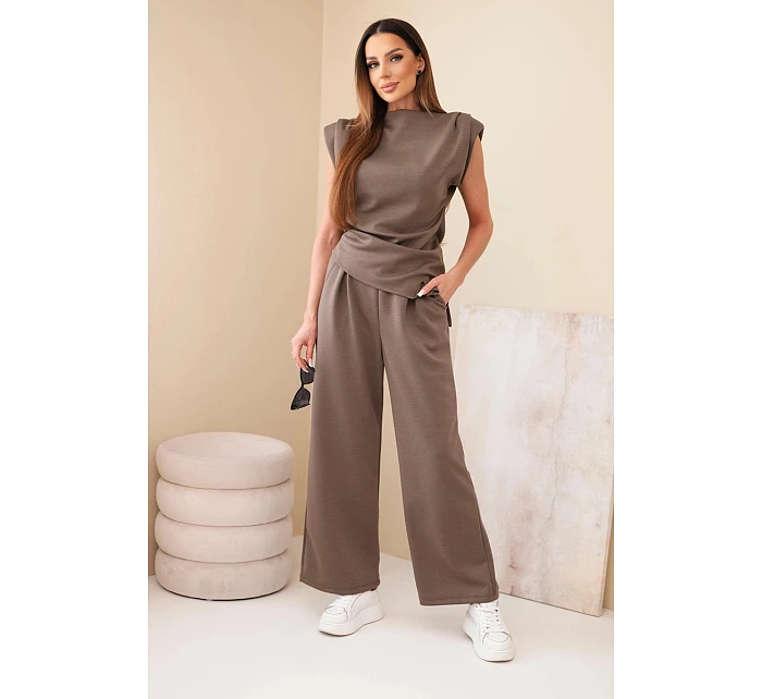 Komplet asymetrická halenka + kalhoty mocca