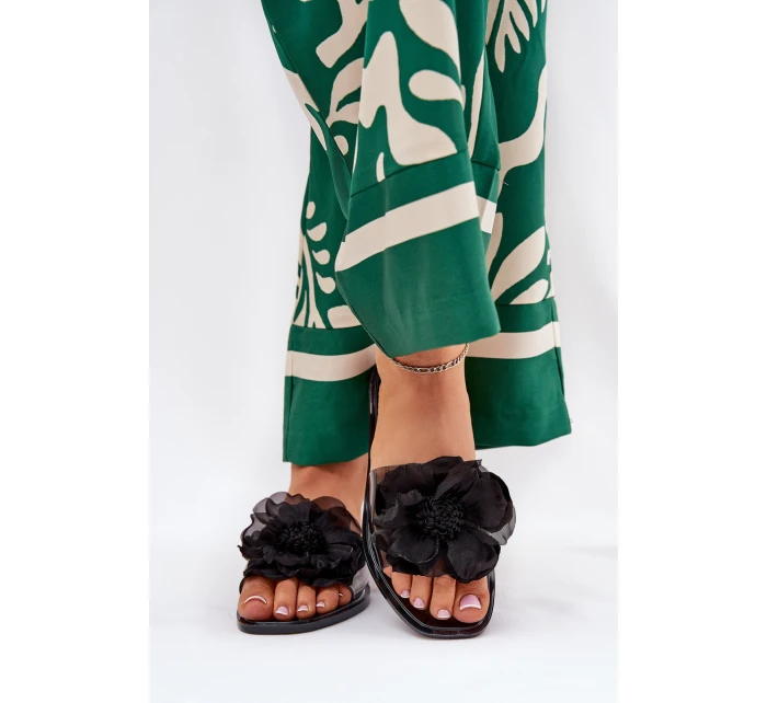 Průhledné Ploché Pantofle Dámské Se Umělou Květinou Černé Vobetta Průhledné Ploché Pantofle Dámské Se Umělou Květinou Černé Vobetta