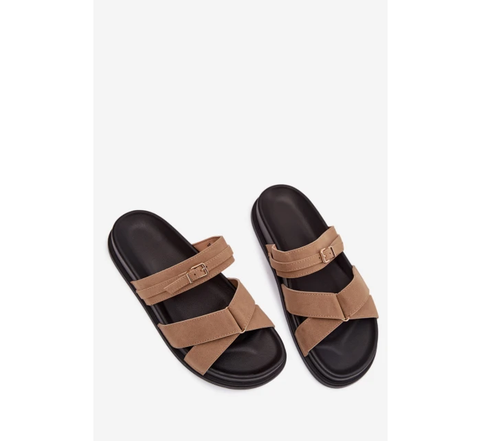 Dámské pantofle s pásky a zlatým přezkou tmavě béžové model 21954632 - Boto