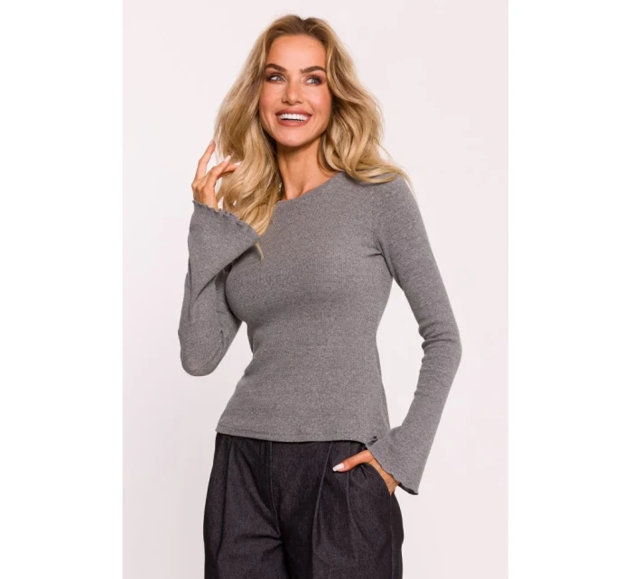 model 20476112 Žebrovaný top s dlouhými rukávy šedý melír - Moe