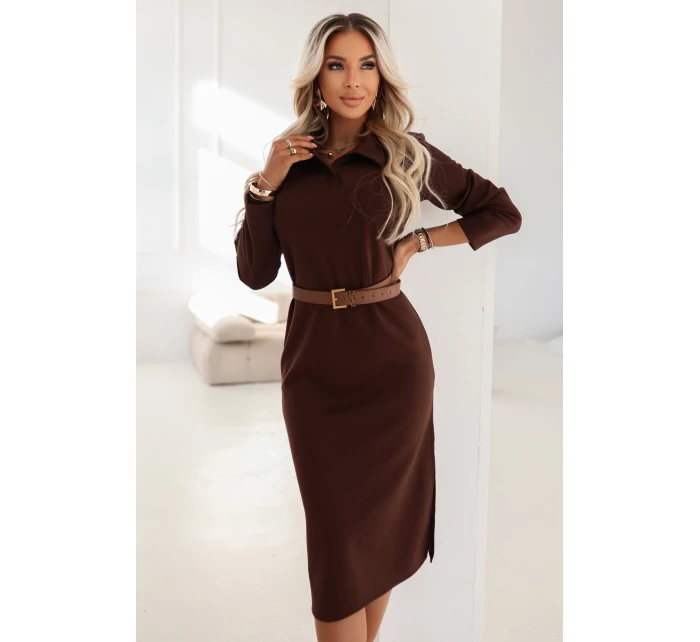 model 21884014 Elegantní midi šaty s límečkem a bočním rozparkem čokoládové - numoco basic