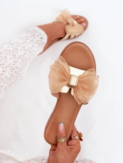 Dámské pantofle na nízkém podpatku s tylovou mašlí – zlaté