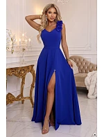 643-8 Elegantní večerní maxi šaty s rozparkem a růžemi – chrpa 643-8 Elegantní večerní maxi šaty s rozparkem a růžemi – chrpa