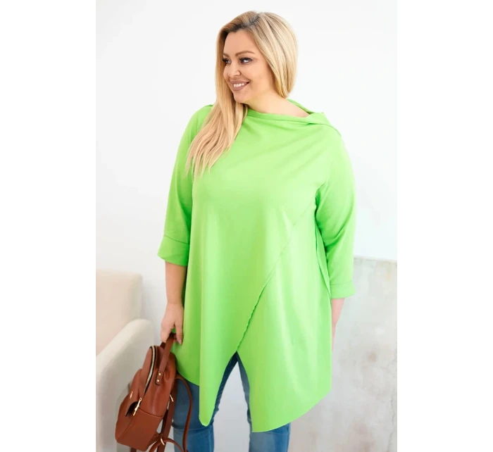Dámská bavlněná blůza Plus Size asymetrická s ohrnutým rukávem světle zelená