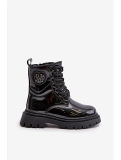 Lakované boty dívčí zateplené kožešinou na zip černé model 21672490 - Boto