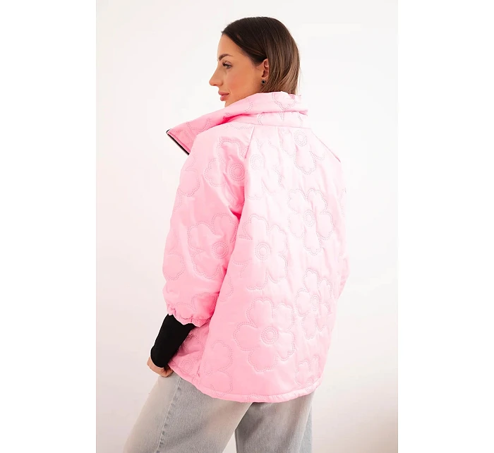 Dámská jarní prošívaná bunda s ozdobným model 22040184 a zipem bonbónově růžová - K-Fashion