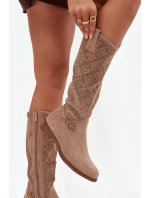 Dámské kozačky s na nízkém podpatku béžové model 21713453 - S.Barski Dámské kozačky s na nízkém podpatku béžové model 21713453 - S.Barski