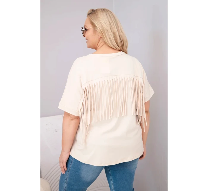 Dámská bavlněná halenka s výstřihem do V a třásněmi na zádech béžová