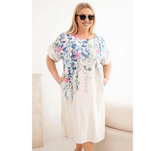 Dámské viskózové šaty plus size s krátkým rukávem a rozparky po model 22092336 béžová - K-Fashion