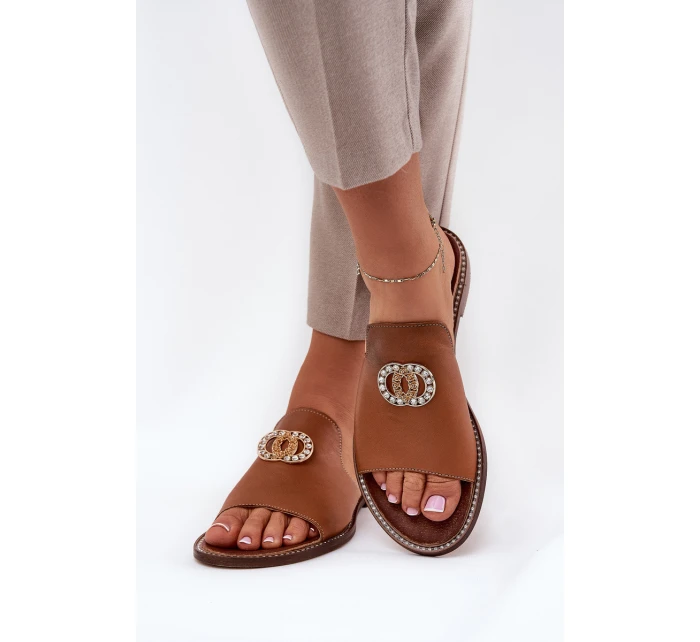 Elegantní Dámské Kožené Pantofle S Dekorací Zazoo 3008 Camel