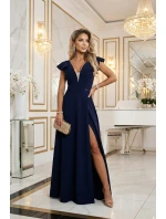 Elegantní maxi šaty s hlubokým výstřihem a rozparkem na nohou tmavě modré model 21861000 - numoco