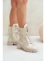 Lakované Zateplené Kotníkové Boty Workery s Ozdobou Béžové Kelilea Lakované Zateplené Kotníkové Boty Workery s Ozdobou Béžové Kelilea