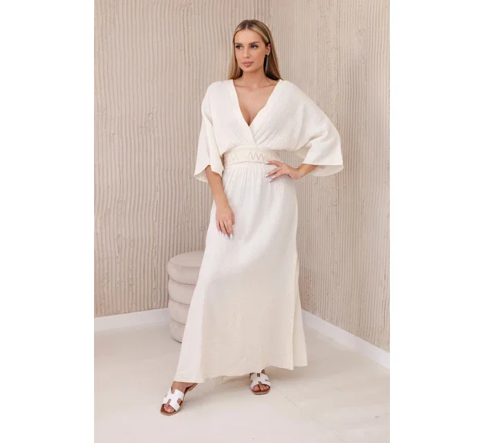 Mušelínové šaty s výšivkou v pase světle béžová