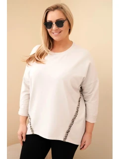 Dámská blůza Plus Size bavlněná s ohrnovacími rukávy a leopardím lampasem béžová