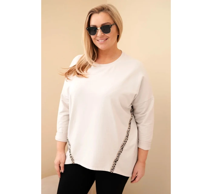 Dámská blůza Plus Size bavlněná s ohrnovacími rukávy a leopardím lampasem béžová