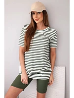 Dámský viskózový pruhovaný komplet s krátkým rukávem a kraťasy khaki