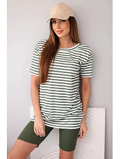 Dámský viskózový pruhovaný komplet s krátkým rukávem a kraťasy khaki