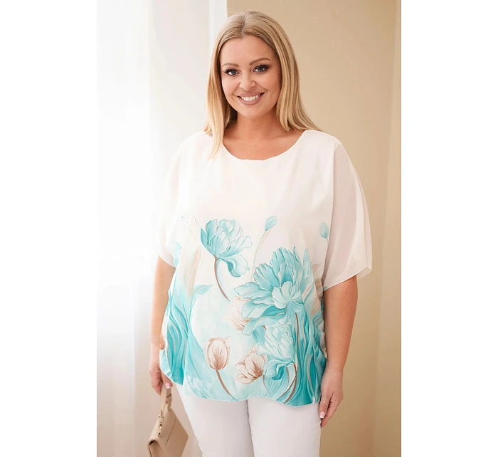 Dámská halenka Plus Size s květinovým potiskem a volným rukávem mentolová