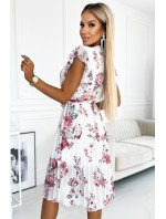 Šifonové řasené šaty s výstřihem a volánky Numoco - bílé s květy