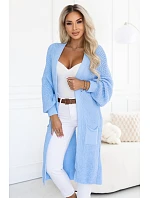 Dlouhý dámský pletený kardigan s kapsami a rukávy – modrý model 22323053 - numoco basic Dlouhý dámský pletený kardigan s kapsami a rukávy – modrý model 22323053 - numoco basic