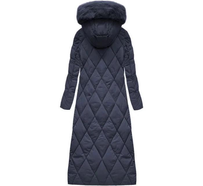 Tmavě modrá dlouhá dámská zimní bunda s kapucí (7688)