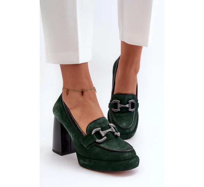 Kožené lodičky na masivním sloupku model 21657286 tmavě zelené - Laura Messi