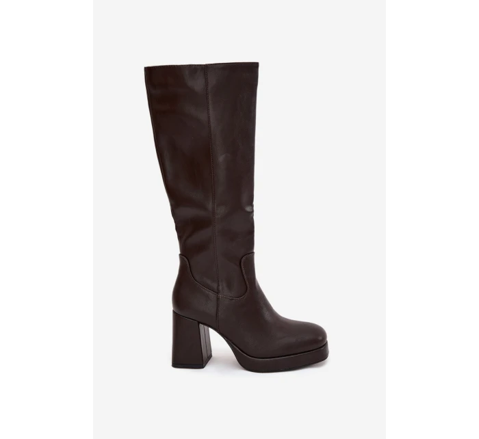 Dámské Kozačky Kolena Na Zip Podpatky Hnědé model 21704914 - Boto