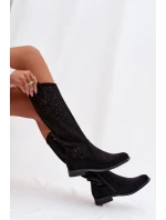 Dámské perforované kozačky na nízkém podpatku S.Barski HY61-8023 Černé