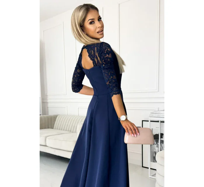 309-6 AMBER elegantní krajkové dlouhé šaty s výstřihem - ZELENÉ