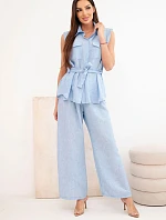 Dámský komplet s vázanou halenkou a širokými kalhotami modrý