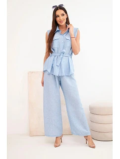 Dámský komplet s vázanou halenkou a širokými kalhotami modrý