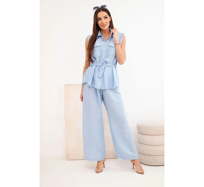 Dámský komplet s vázanou halenkou a širokými kalhotami modrý