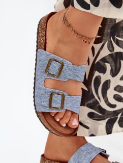 Dámské pantofle na korkové platformě s přezkami – světlý denim