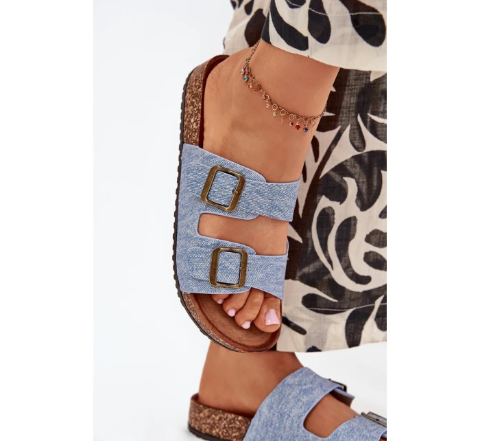 Dámské pantofle na korkové platformě s přezkami – světlý denim