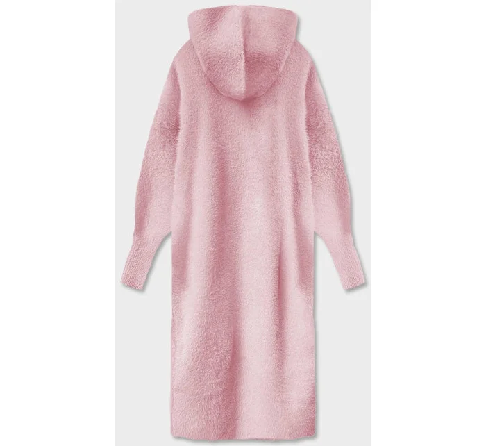 Bledě růžový dlouhý vlněný přehoz přes oblečení typu alpaka s kapucí (M105)