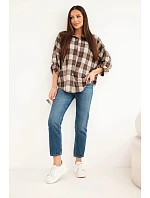Dámská kostkovaná oversize košile s kapsami hnědá Dámská kostkovaná oversize košile s kapsami hnědá