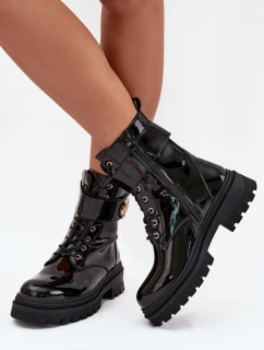 Lakované boty worker dámské se zlatým detailem zateplené černé Fiorena