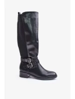 Dámské Kozačky Pod Kolena Na Plochém Podpatku S Přezkami Černé Lotina