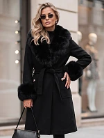 Dámský kabát s odnímatelným kožešinovým límcem, černý, FashionStreet TY6074