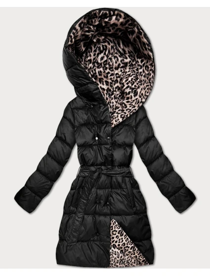 Černá/s panteřím vzorem oboustranná zimní plus size bunda (M6-6008-1)