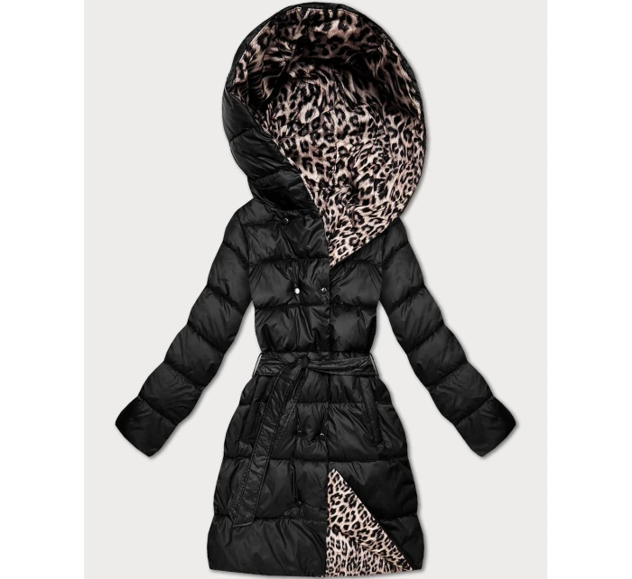 Černá/s panteřím vzorem oboustranná zimní plus size bunda (M6-6008-1)