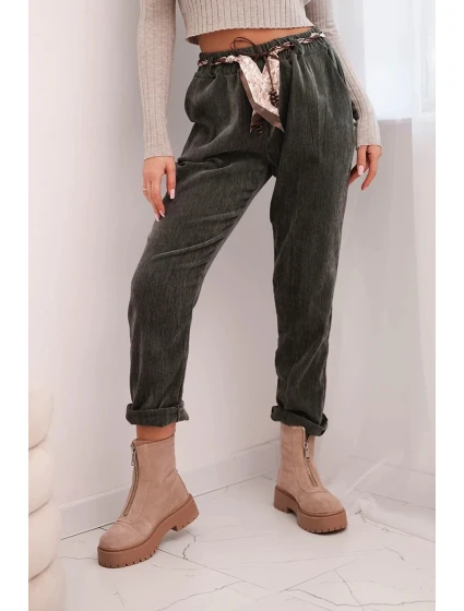 Dámské kalhoty z viskózy s šátkovým páskem khaki