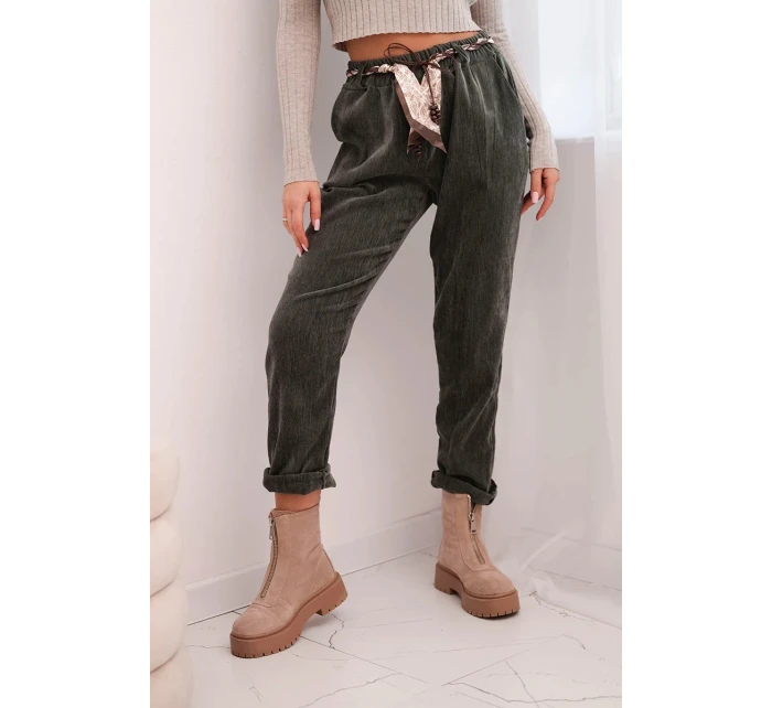 Dámské kalhoty z viskózy s šátkovým páskem khaki