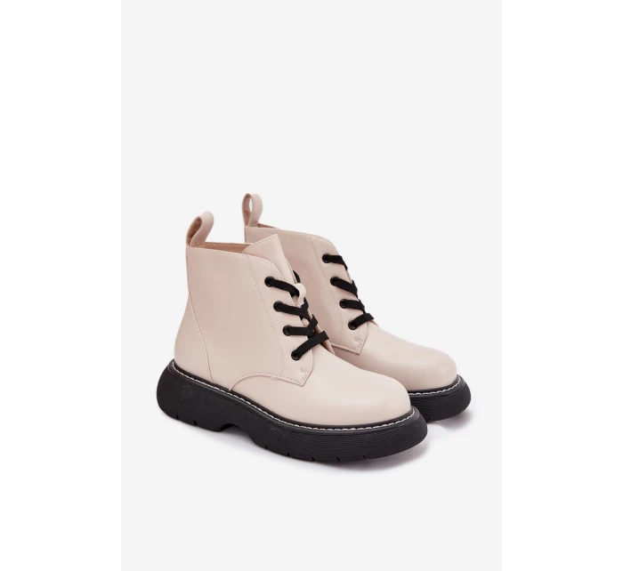 Zateplené dámské kotníkové boty na platformě na šněrování světlé béžové model 21710996 - Boto