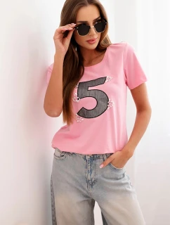 Dámská blůza s krátkým rukávem a nášivkou s perličkami světle růžová