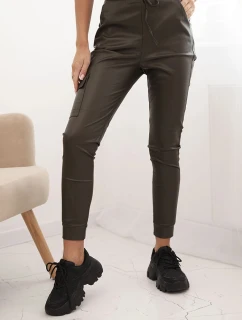 Dámské kalhoty z ekokůže s kapsami a šněrováním v pase khaki