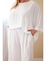 Dámský komplet Plus Size z viskózy se širokými kalhotami a halenkou bílý Dámský komplet Plus Size z viskózy se širokými kalhotami a halenkou bílý