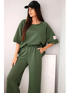 Dámská model 22216306 měkká viskózová souprava mikina a široké kalhoty khaki - K-Fashion