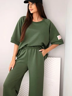 Dámská model 22216306 měkká viskózová souprava mikina a široké kalhoty khaki - K-Fashion