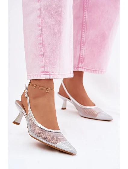 Calora Stříbrné Síťované Sandály Na Úzkém Podpatku Calora Stříbrné Síťované Sandály Na Úzkém Podpatku